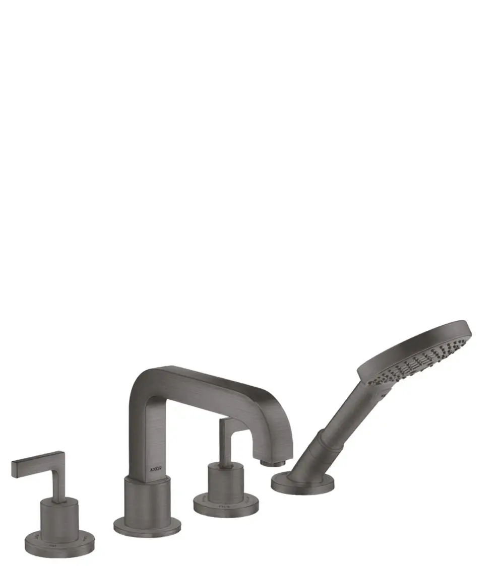 Vierteilige Wannenrandarmatur von AXOR in Brushed Black Chrome mit zwei Hebelgriffen und einem Handbrauseauslauf.